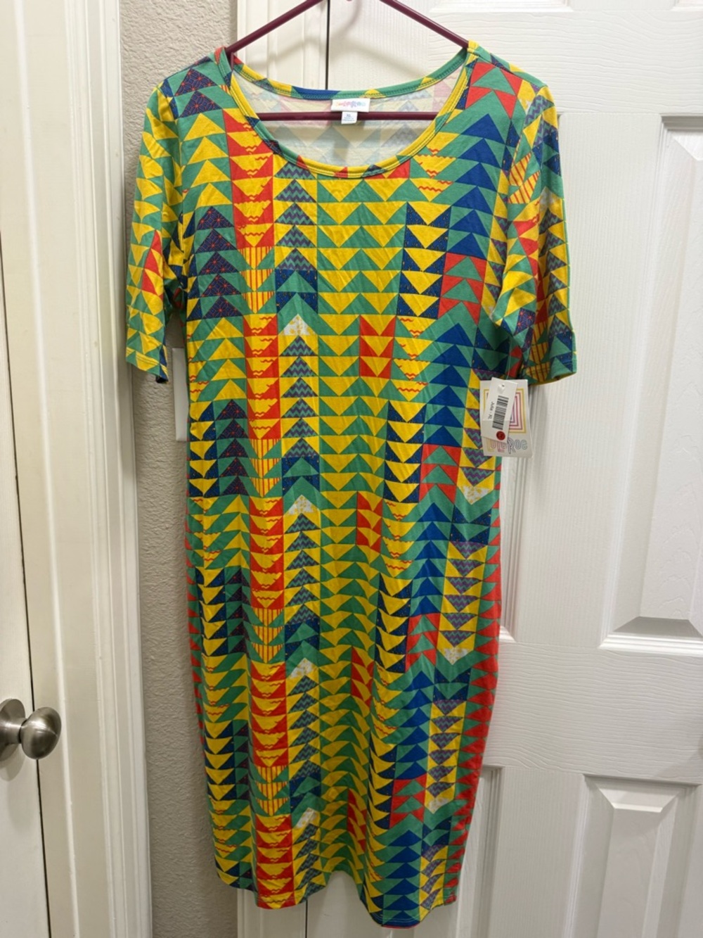 LuLaRoe Yellow Multi Triangle Print Midi Julia Dress